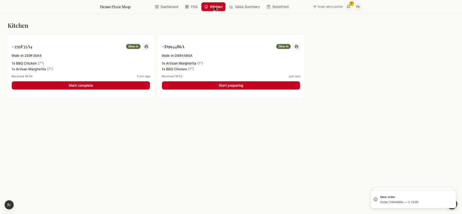 The kitchen screen, with live order tickets and their current preparation status