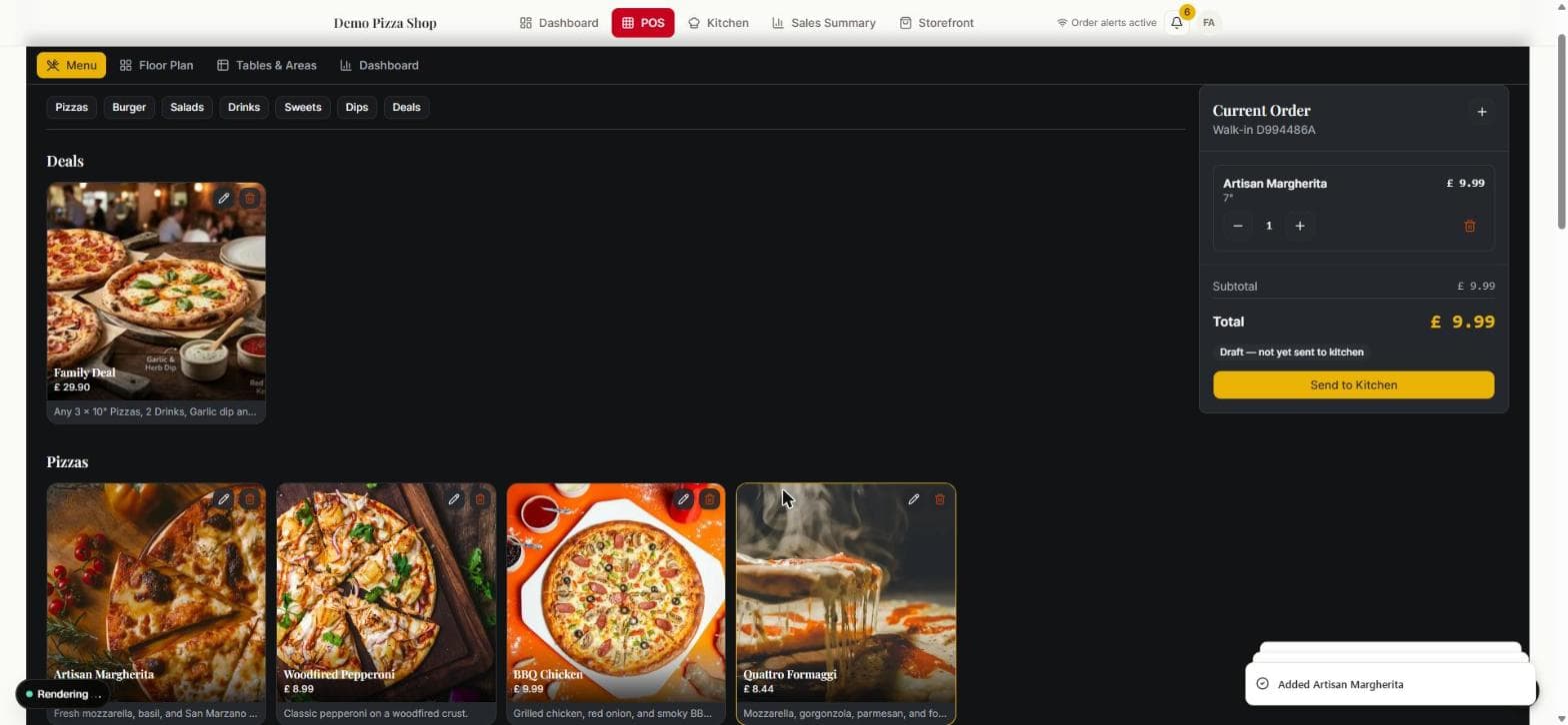 The point-of-sale order builder, mid-order, with the running total shown alongside the menu