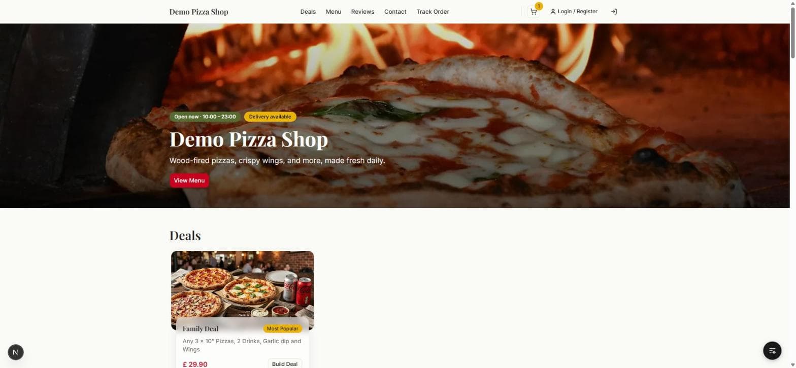 The branded homepage of a restaurant storefront running on Restaurant Commerce Platform
