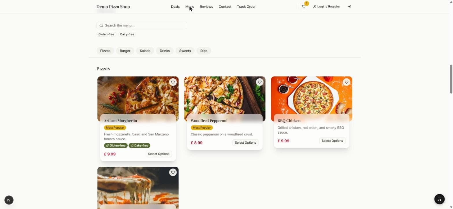 A restaurant's online menu, with search, dietary filters, and category navigation